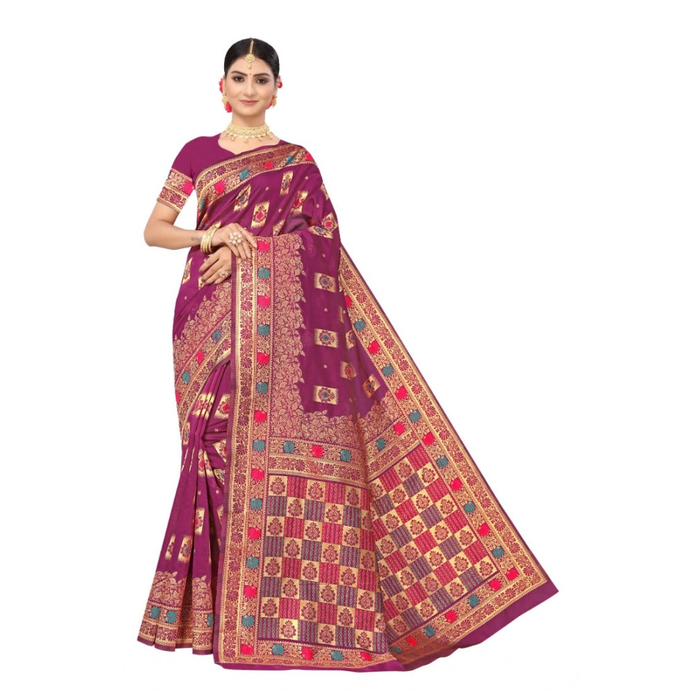 Generic Women's Banarasi Silk Designer Weaving Saree With Unstitched Blouse (Purple, 5.50 Mtrs)