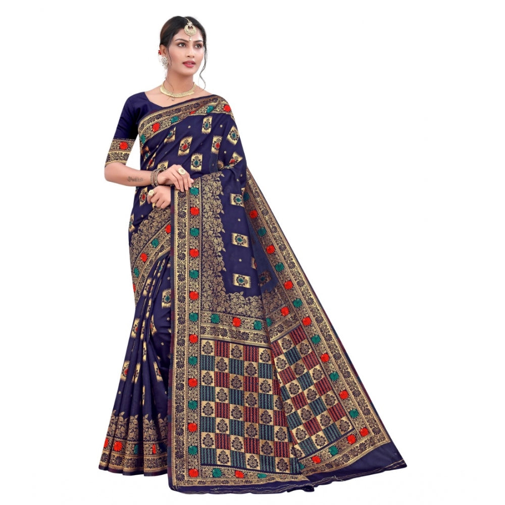 Generic Women's Banarasi Silk Designer Weaving Saree With Unstitched Blouse (Blue, 5.50 Mtrs)