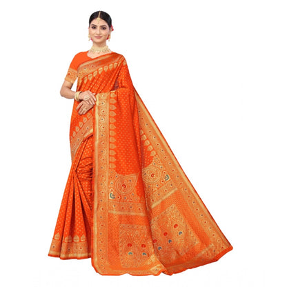 Generic Women's Banarasi Silk Designer Weaving Saree With Unstitched Blouse (Orange, 5.50 Mtrs)