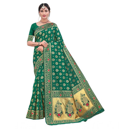 Generic Women's Banarasi Silk Designer Weaving Saree With Unstitched Blouse (Green, 5.50 Mtrs)