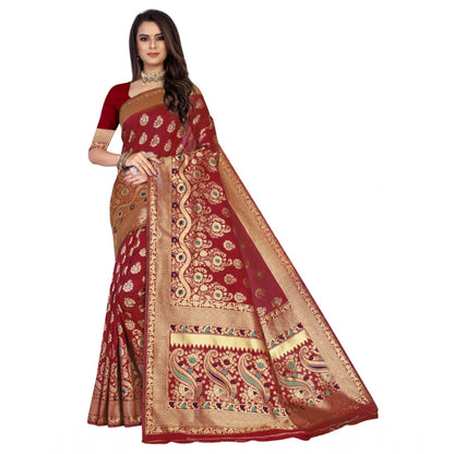 Generic Women's Banarasi Silk Designer Weaving Saree With Unstitched Blouse (Maroon, 5.50 Mtrs)