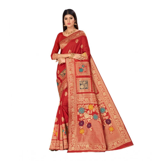 Generic Women's Banarasi Silk Designer Weaving Saree With Unstitched Blouse (Red, 5.50 Mtrs)