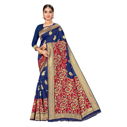 Generic Women's Banarasi Silk Designer Weaving Saree With Unstitched Blouse (Blue, 5.50 Mtrs)