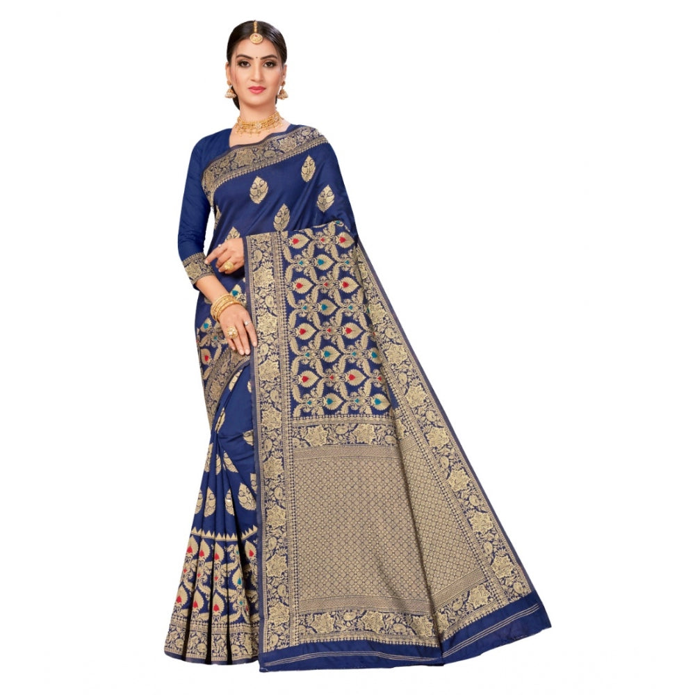 Generic Women's Banarasi Silk Designer Weaving Saree With Unstitched Blouse (Blue, 5.50 Mtrs)