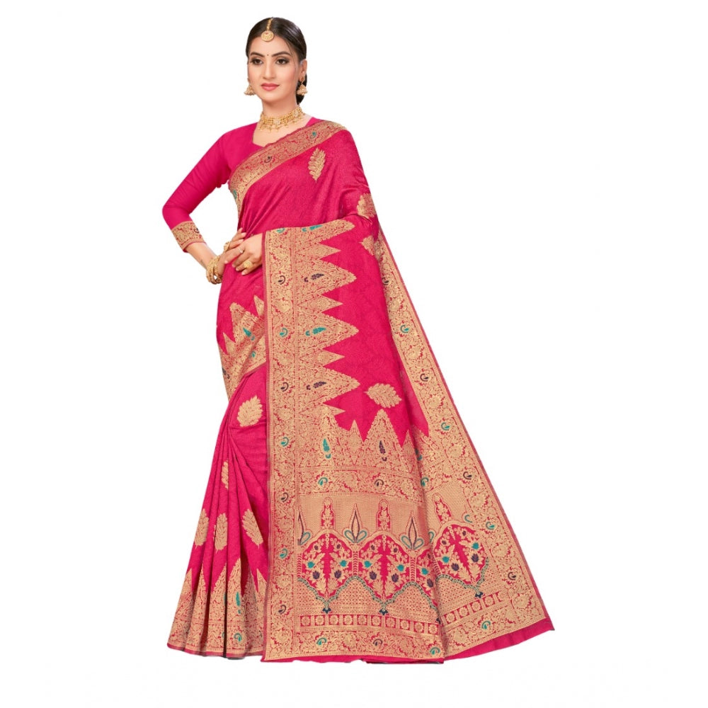 Generic Women's Banarasi Silk Designer Weaving Saree With Unstitched Blouse (Pink, 5.50 Mtrs)