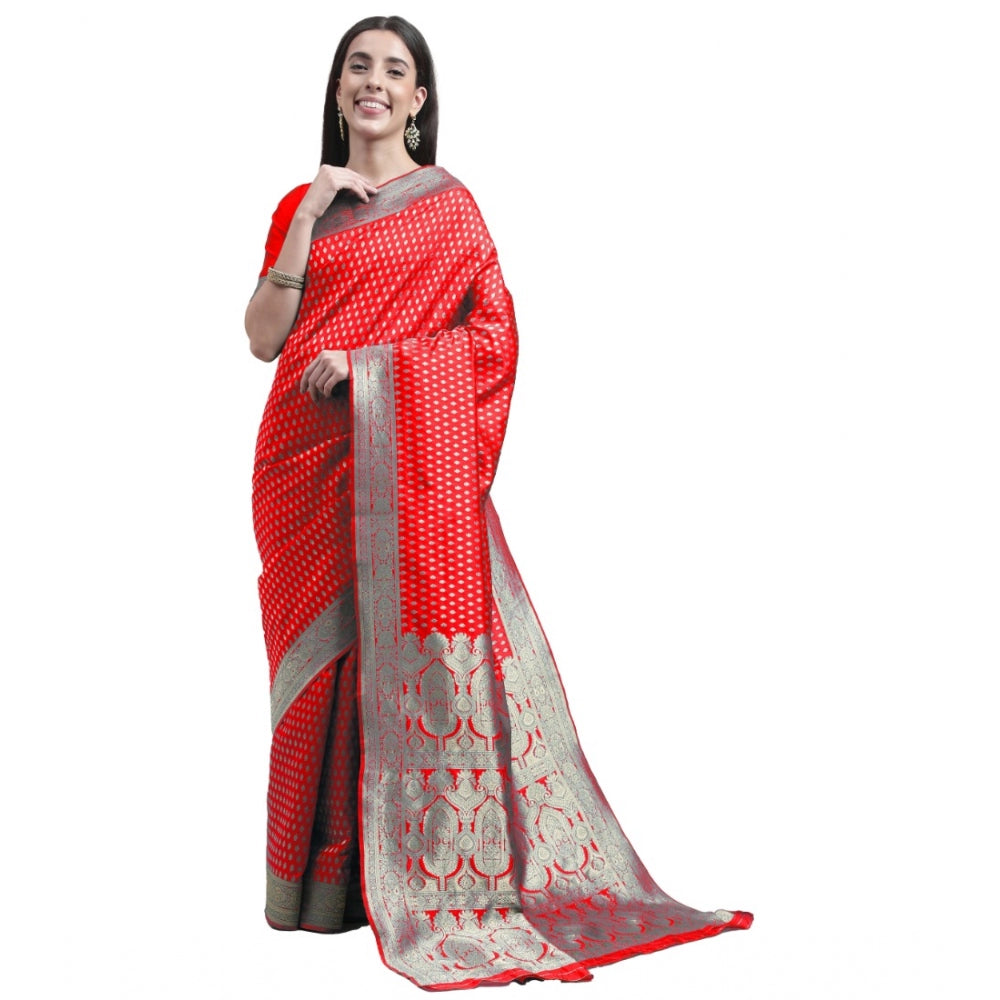 Generic Women's Kanjivaram Silk Designer Weaving Saree With Unstitched Blouse (Red, 5.50 Mtrs)