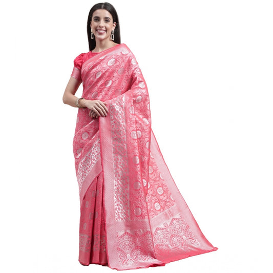 Generic Women's Kanjivaram Silk Designer Silver Weaving Saree With Unstitched Blouse (Pink, 5.50 Mtrs)