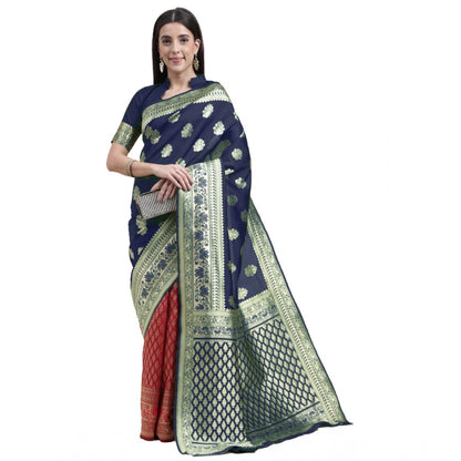 Generic Women's Kanjivaram Silk Designer Weaving Saree With Unstitched Blouse (Blue,Red, 5.50 Mtrs)