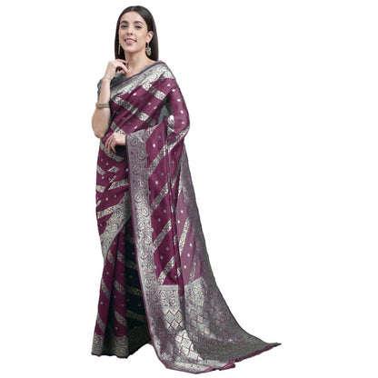 Generic Women's Banarasi Silk Designer Weaving Saree With Unstitched Blouse (Purple, 5.50 Mtrs)