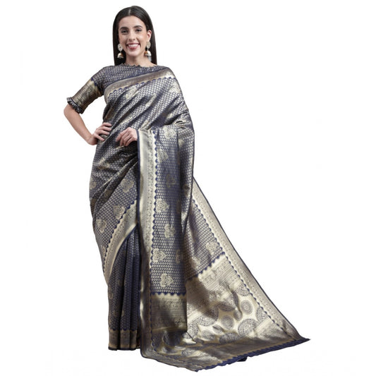 Generic Women's Banarasi Silk Designer Weaving Saree With Unstitched Blouse (Blue, 5.50 Mtrs)