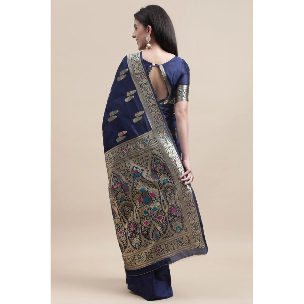 Generic Women's Kanjivaram Silk Designer Weaving Saree With Unstitched Blouse (Blue, 5.50 Mtrs)