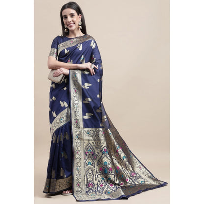 Generic Women's Kanjivaram Silk Designer Weaving Saree With Unstitched Blouse (Blue, 5.50 Mtrs)