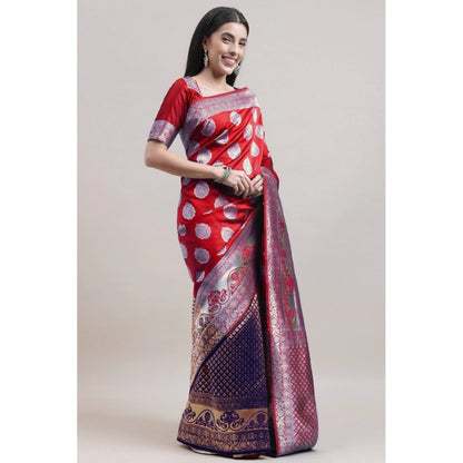 Generic Women's Kanjivaram Silk Designer Weaving Saree With Unstitched Blouse (Red &amp; Blue, 5.50 Mtrs)