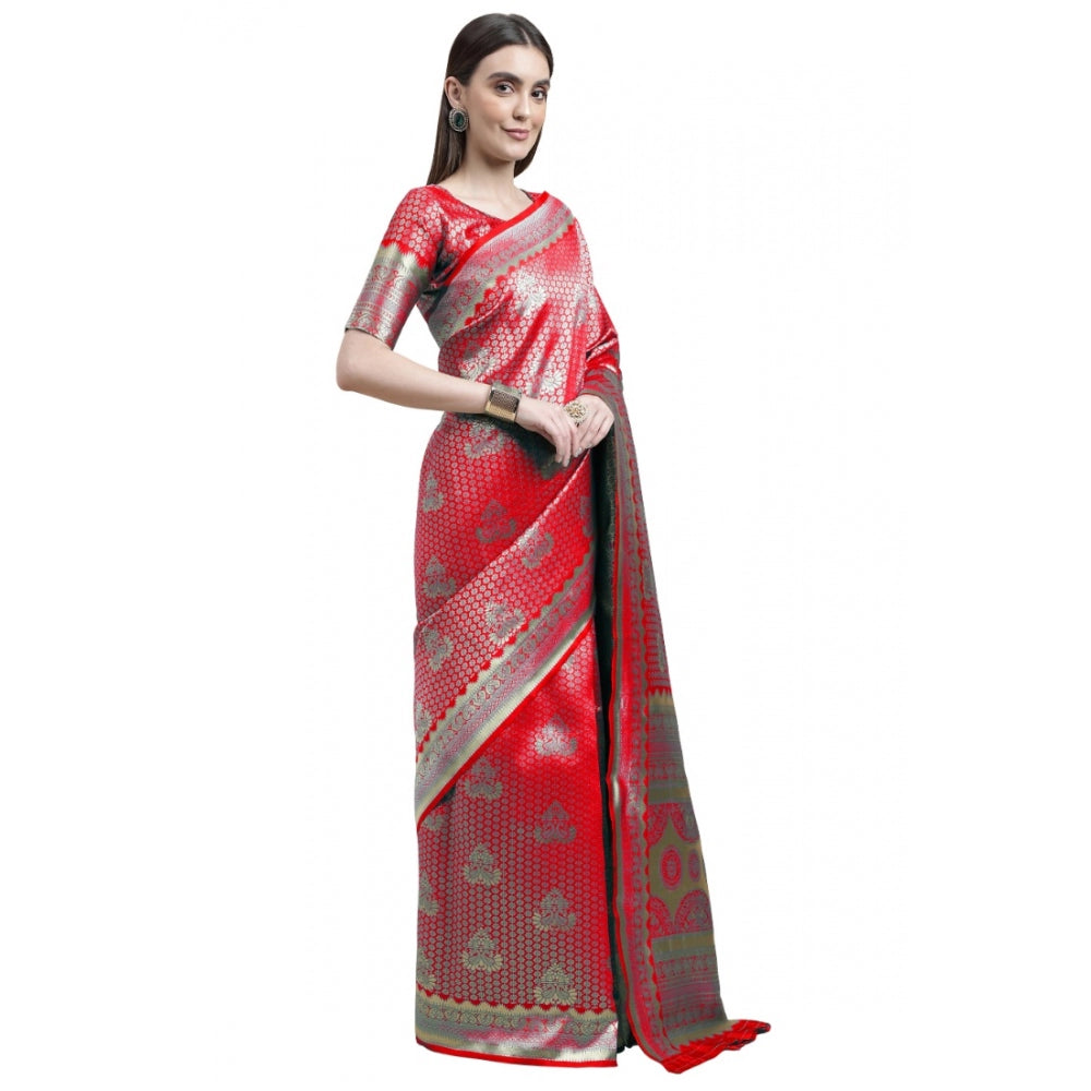 Generic Women's Banarasi Silk Designer Weaving Saree With Unstitched Blouse (Red, 5.50 Mtrs)