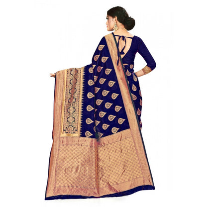 Generic Women's Banarasi Silk Designer Weaving Saree With Unstitched Blouse (Navy Blue, 5.50 Mtrs)