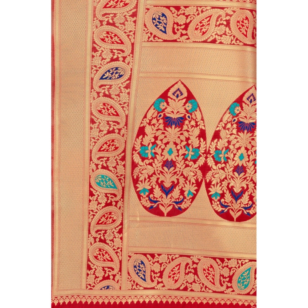 Generic Women's Banarasi Silk Designer Weaving Saree With Unstitched Blouse (Red, 5.50 Mtrs)