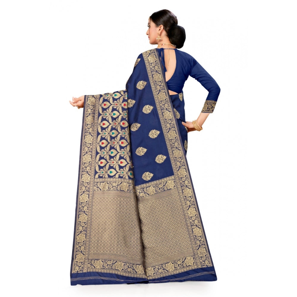 Generic Women's Banarasi Silk Designer Weaving Saree With Unstitched Blouse (Blue, 5.50 Mtrs)