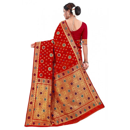 Generic Women's Banarasi Silk Designer Weaving Saree With Unstitched Blouse (Red, 5.50 Mtrs)