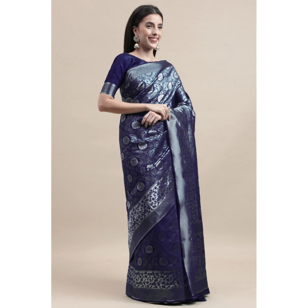 Generic Women's Kanjivaram Silk Designer Silver Weaving Saree With Unstitched Blouse (Blue, 5.50 Mtrs)