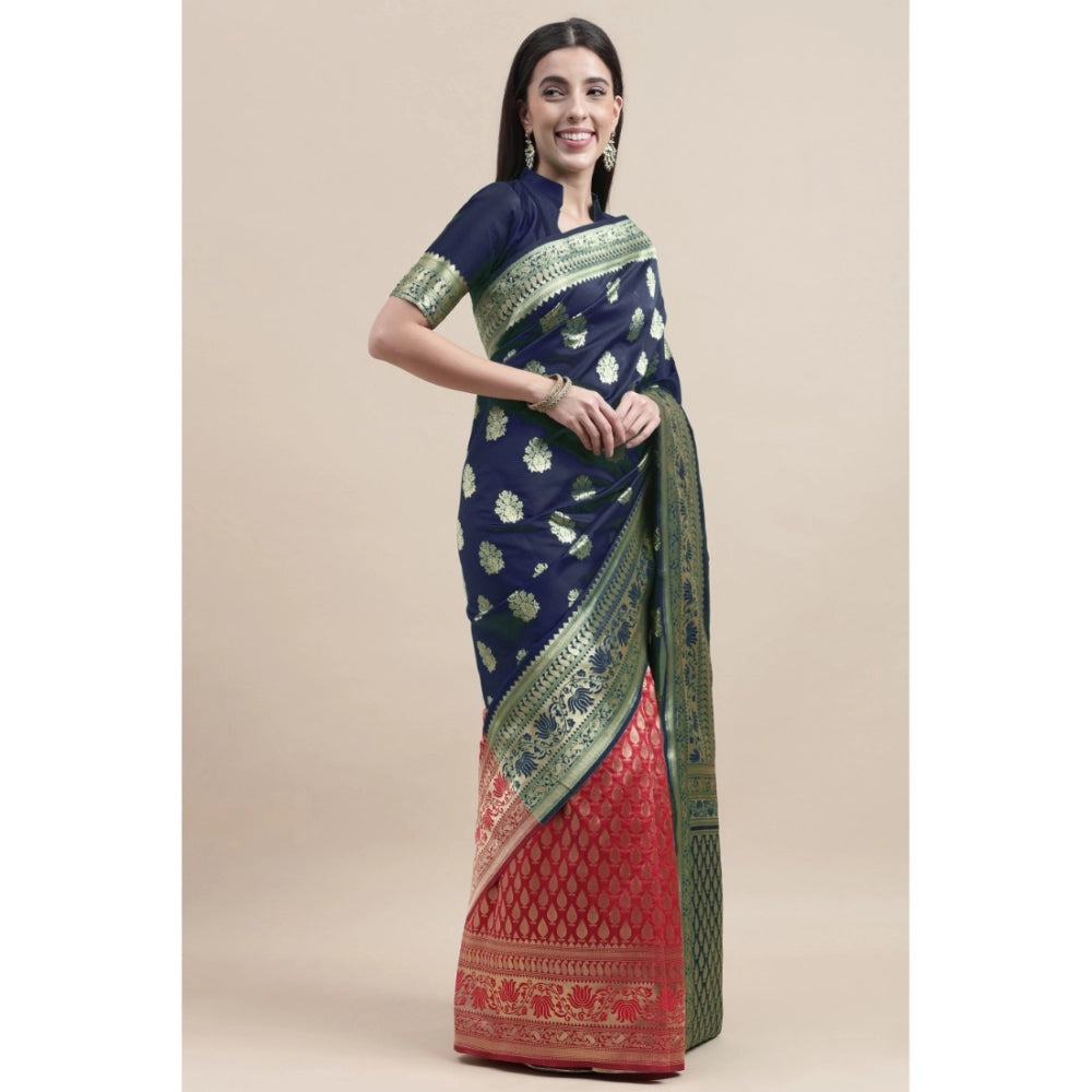 Generic Women's Kanjivaram Silk Designer Weaving Saree With Unstitched Blouse (Blue,Red, 5.50 Mtrs)