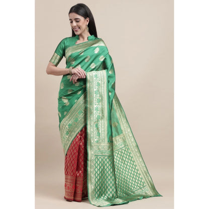 Generic Women's Kanjivaram Silk Designer Weaving Saree With Unstitched Blouse (Green &amp; Red, 5.50 Mtrs)