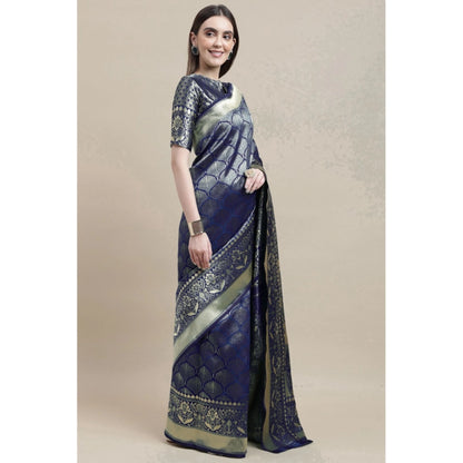 Generic Women's Banarasi Silk Designer Weaving Saree With Unstitched Blouse (Blue, 5.50 Mtrs)