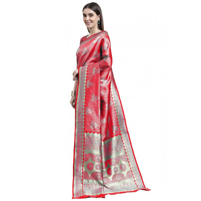 Generic Women's Banarasi Silk Designer Weaving Saree With Unstitched Blouse (Red, 5.50 Mtrs)