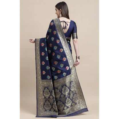 Generic Women's Kanjivaram Silk Designer Weaving Saree With Unstitched Blouse (Blue, 5.50 Mtrs)