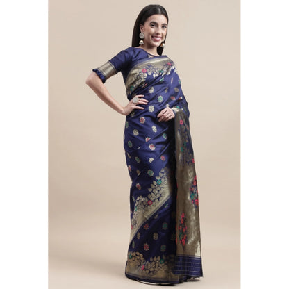 Generic Women's Kanjivaram Silk Designer Weaving Saree With Unstitched Blouse (Blue, 5.50 Mtrs)