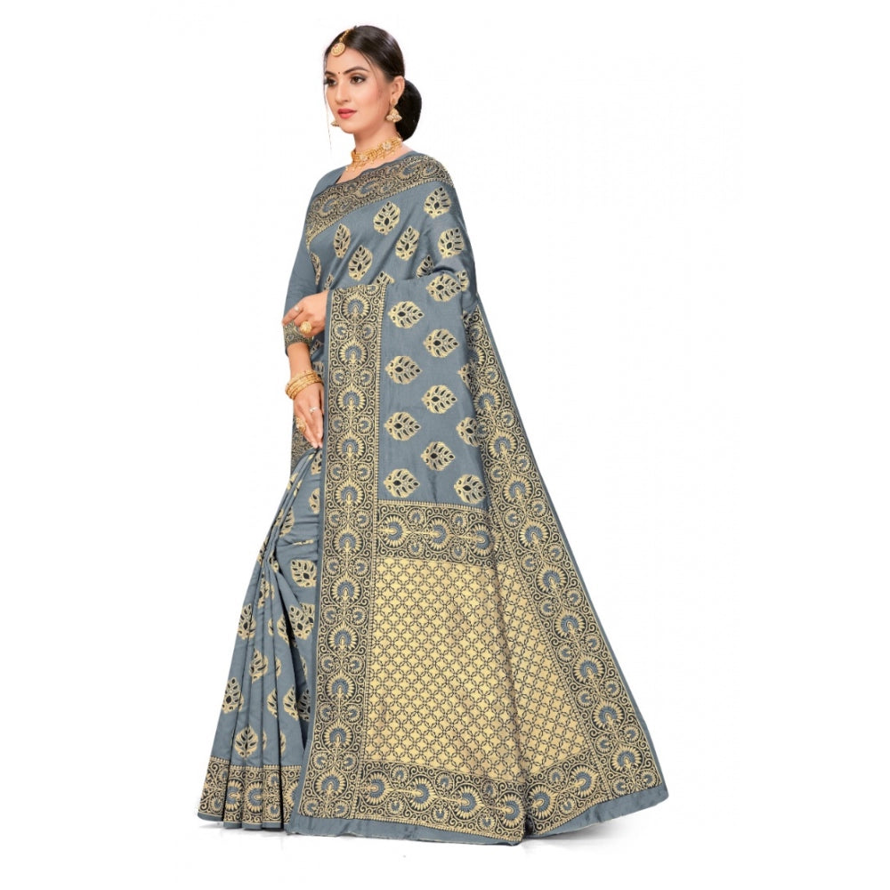 Generic Women's Banarasi Silk Designer Weaving Saree With Unstitched Blouse (Grey, 5.50 Mtrs)