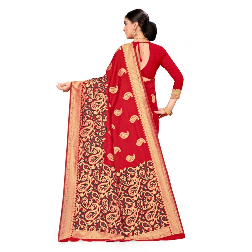 Generic Women's Banarasi Silk Designer Weaving Saree With Unstitched Blouse (Red, 5.50 Mtrs)