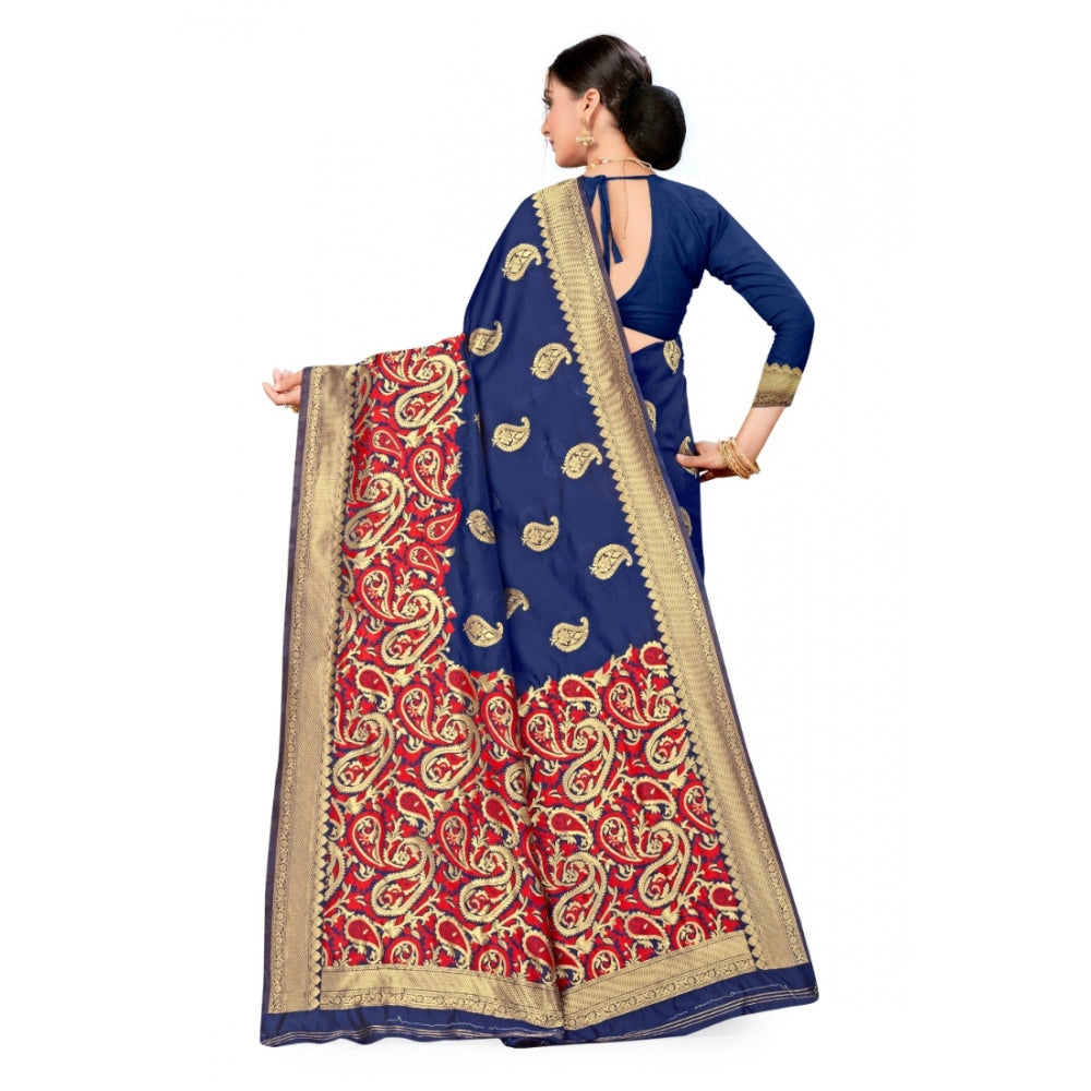 Generic Women's Banarasi Silk Designer Weaving Saree With Unstitched Blouse (Blue, 5.50 Mtrs)