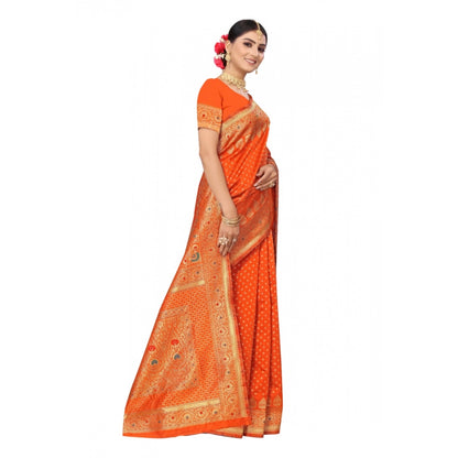 Generic Women's Banarasi Silk Designer Weaving Saree With Unstitched Blouse (Orange, 5.50 Mtrs)