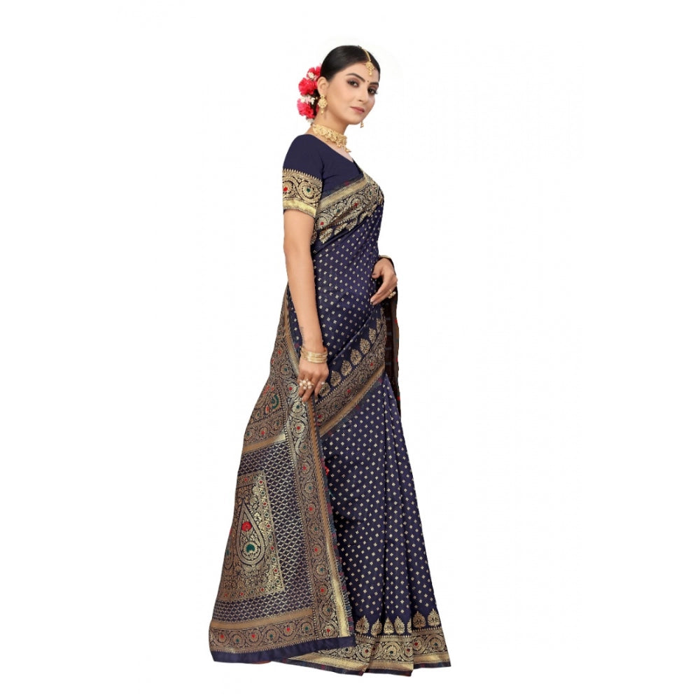 Generic Women's Banarasi Silk Designer Weaving Saree With Unstitched Blouse (Blue, 5.50 Mtrs)