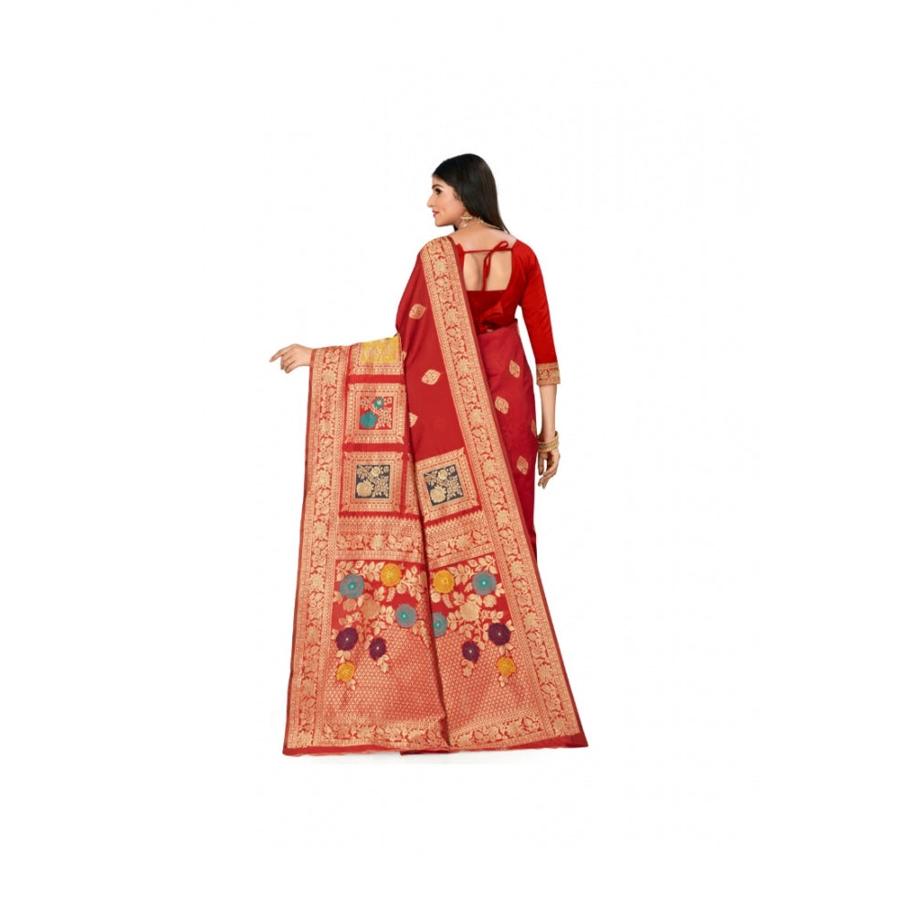 Generic Women's Banarasi Silk Designer Weaving Saree With Unstitched Blouse (Red, 5.50 Mtrs)