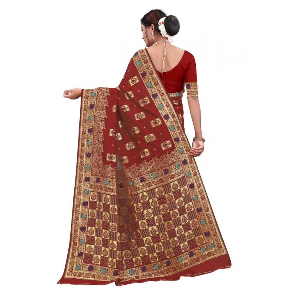 Generic Women's Banarasi Silk Designer Weaving Saree With Unstitched Blouse (Maroon, 5.50 Mtrs)