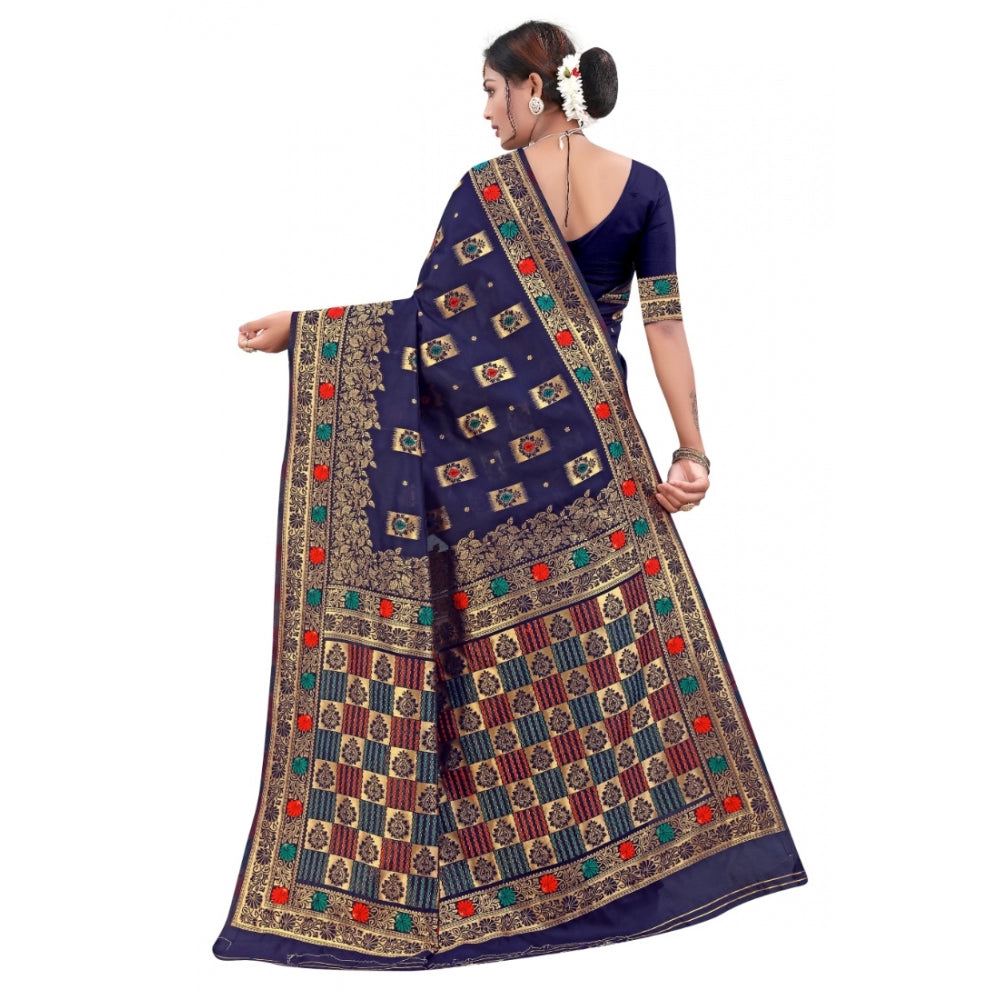 Generic Women's Banarasi Silk Designer Weaving Saree With Unstitched Blouse (Blue, 5.50 Mtrs)