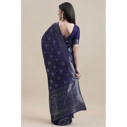 Generic Women's Kanjivaram Silk Designer Silver Weaving Saree With Unstitched Blouse (Blue, 5.50 Mtrs)