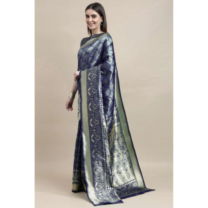 Generic Women's Banarasi Silk Designer Weaving Saree With Unstitched Blouse (Blue, 5.50 Mtrs)