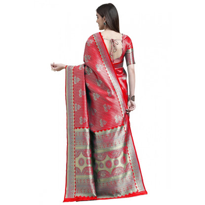 Generic Women's Banarasi Silk Designer Weaving Saree With Unstitched Blouse (Red, 5.50 Mtrs)