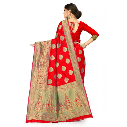 Generic Women's Banarasi Silk Designer Weaving Saree With Unstitched Blouse (Red, 5.50 Mtrs)