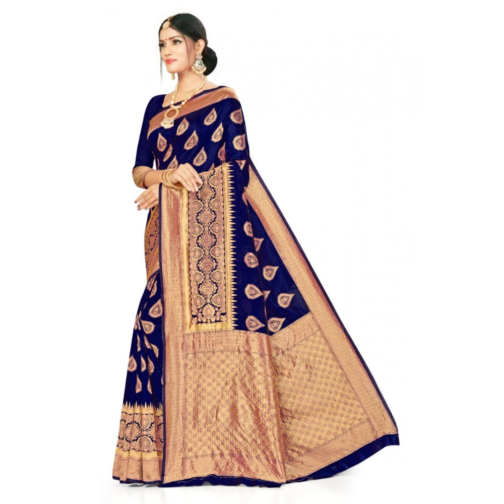 Generic Women's Banarasi Silk Designer Weaving Saree With Unstitched Blouse (Navy Blue, 5.50 Mtrs)