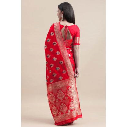 Generic Women's Kanjivaram Silk Designer Weaving Saree With Unstitched Blouse (Red, 5.50 Mtrs)