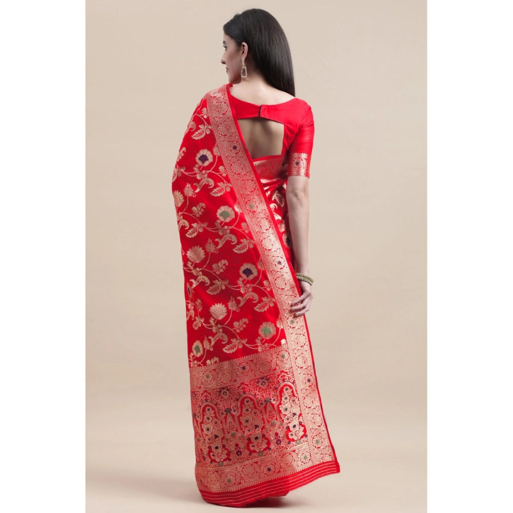 Generic Women's Kanjivaram Silk Designer Weaving Saree With Unstitched Blouse (Red, 5.50 Mtrs)