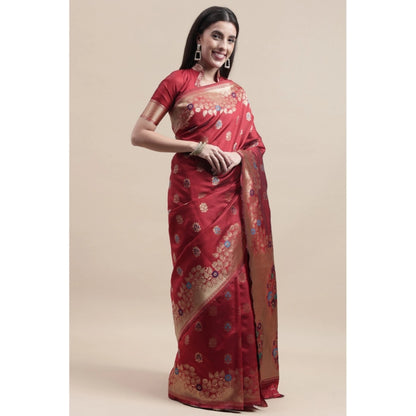 Generic Women's Kanjivaram Silk Designer Weaving Saree With Unstitched Blouse (Red, 5.50 Mtrs)