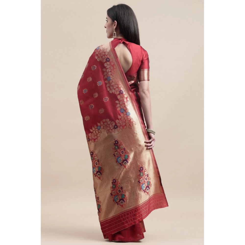 Generic Women's Kanjivaram Silk Designer Weaving Saree With Unstitched Blouse (Red, 5.50 Mtrs)