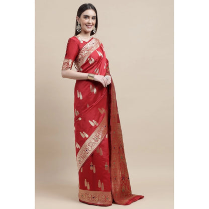 Generic Women's Kanjivaram Silk Designer Weaving Saree With Unstitched Blouse (Red, 5.50 Mtrs)