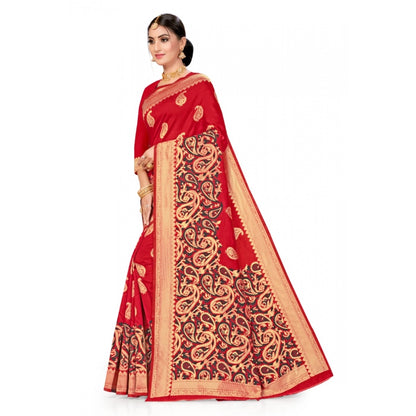 Generic Women's Banarasi Silk Designer Weaving Saree With Unstitched Blouse (Red, 5.50 Mtrs)