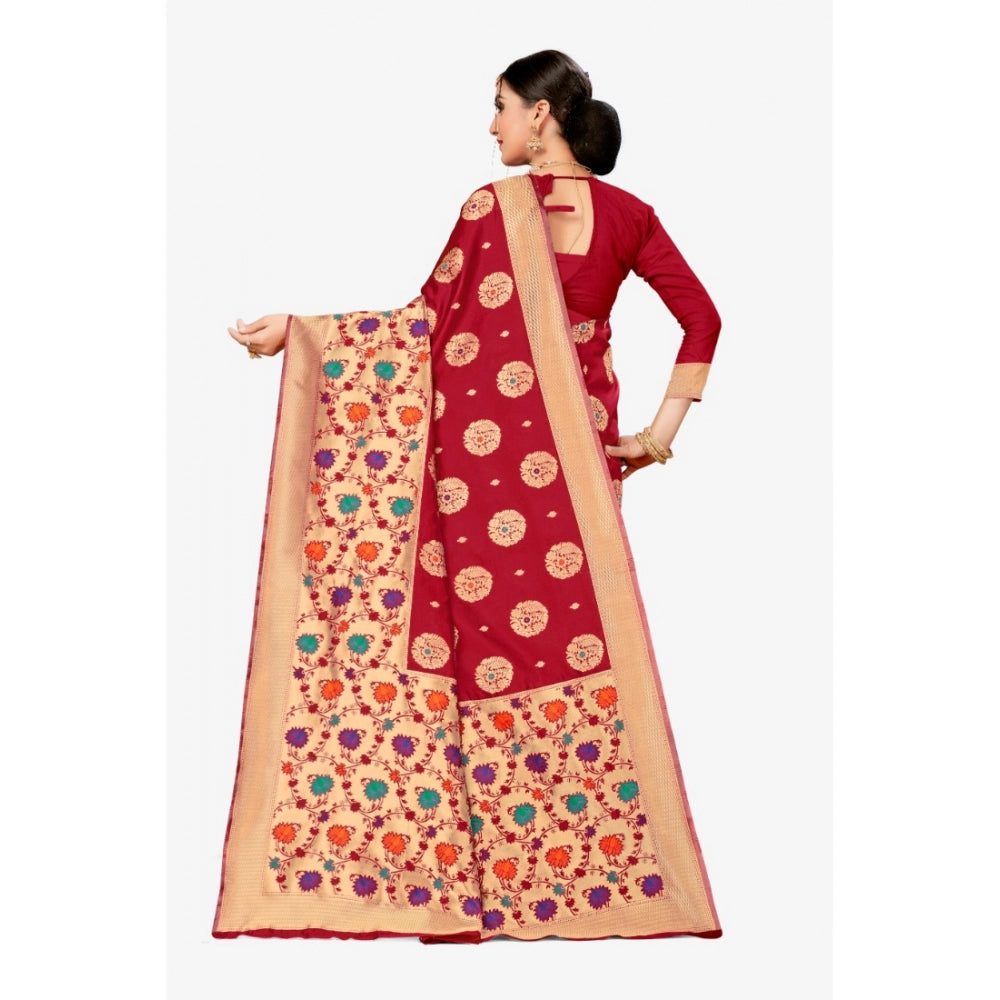 Generic Women's Banarasi Silk Designer Weaving Saree With Unstitched Blouse (Maroon, 5.50 Mtrs)