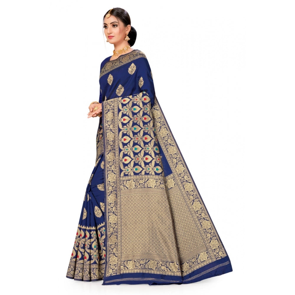 Generic Women's Banarasi Silk Designer Weaving Saree With Unstitched Blouse (Blue, 5.50 Mtrs)